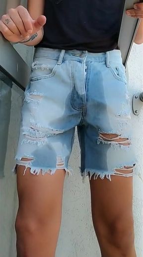 Pee Desperation and Wetting Short Jeans After I Am Locked Out on a Balcony