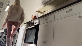 Hot petite sexy girl in the kitchen masturbates on Christmas day for good luck and satisfaction
