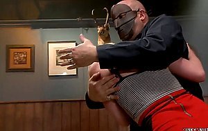 Blonde bartender is tied by customer