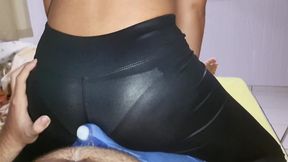 Dry humping in a full leather outfit, leather leggings assjob cum in pants