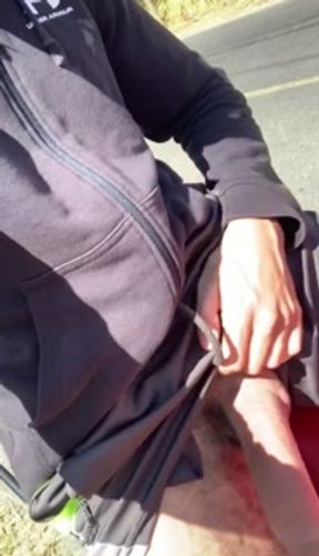 Beautiful hairy huge dick in shorts without underwear on the bike