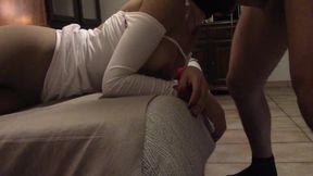 Bound and hooded with pantyhose and heels, i fucked her mouth for 20 minutes with oral creampie