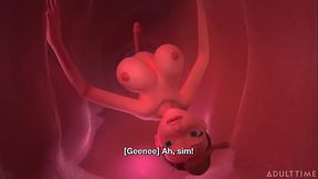 Trans futanari fucks and licks her giant busty counterpart in animated 3D sex