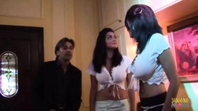 Two super hot milfs dress up, lick and fuck young guy