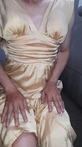 Long Gold Satin Dress Masturbation Cum