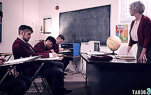 Four unruly students pressure mature teacher into rough gangbang
