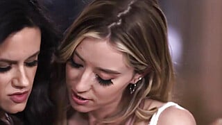 Slender teens seducing experienced milf into threesome