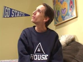 Brunette college babe gets double penetrated by two hunks in a dorm
