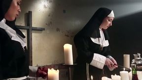 Naughty nuns Mia Li and Sophia Locke have lesbian BDSM sex in church