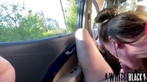 Fellow traveler gives a deep slobbering blowjob in car