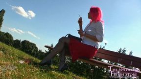 Smoking on bench in fully fashioned nylons HD-MP4