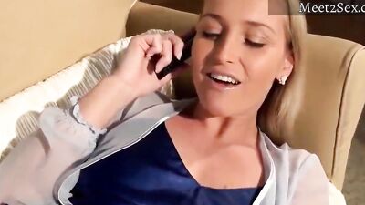 Cheating housewife talks with her husband over the phone while being shagged