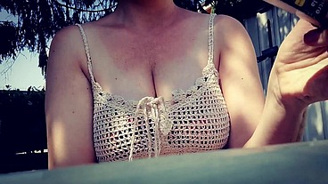 Smoking in the garden big boobs beautiful italian milf