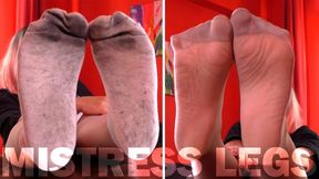 Mistress foot tease in dirty white socks over pantyhose