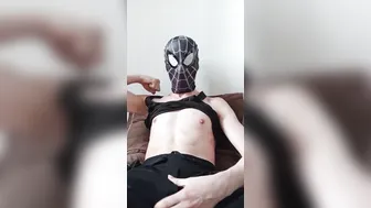 Spider-Man cosplay twink jerks off and shoots a big load in his shorts