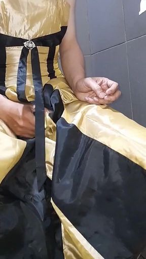 Gold Satin Silk Longdress Evening Gown Masturbation