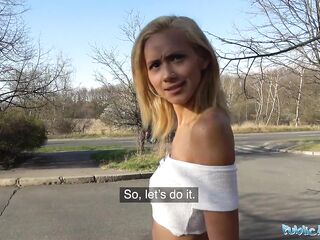 Public Agent Big dick gets blondes taut snatch moist in public forest bang