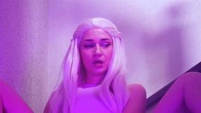 In a white wig masturbation on the stairs