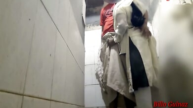 Young adult step-sibling roleplay turns intimate in a tiled bathroom
