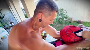 spider-man cosplay threesome – masked throat, outdoor anal, piss in both mouths
