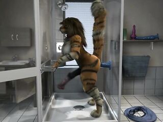 Shemale Hentai tiger playing sex-toy in restroom HD by h0rs3