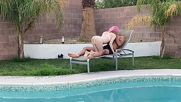 Tiny Pink Haired Trans Cutie Sucks Huge Cock by the Pool & Gets Blowjob