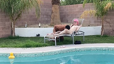 Tiny Pink Haired Trans Cutie Sucks Huge Cock by the Pool & Gets Blowjob