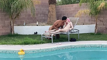 Tiny Pink Haired Trans Cutie Sucks Huge Cock by the Pool & Gets Blowjob
