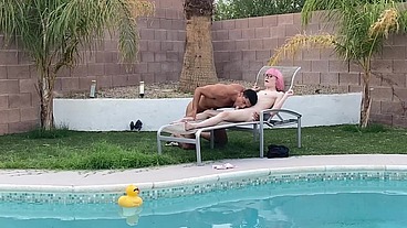 Tiny Pink Haired Trans Cutie Sucks Huge Cock by the Pool & Gets Blowjob