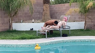 Tiny Pink Haired Trans Cutie Sucks Huge Cock by the Pool & Gets Blowjob
