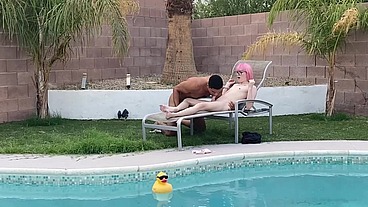 Tiny Pink Haired Trans Cutie Sucks Huge Cock by the Pool & Gets Blowjob