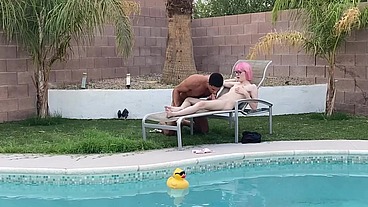 Tiny Pink Haired Trans Cutie Sucks Huge Cock by the Pool & Gets Blowjob