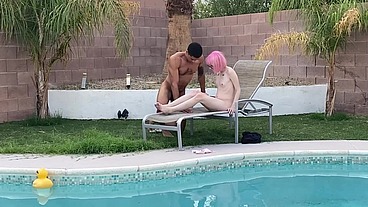 Tiny Pink Haired Trans Cutie Sucks Huge Cock by the Pool & Gets Blowjob