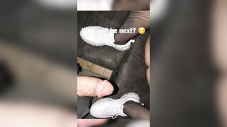 Baddie inside Fishnets giving Shoe Job unto Large Cock including white Sneakers - Cumshot upon its Legs - Tara Secret