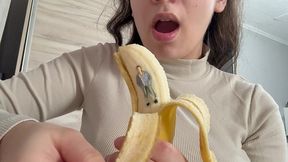 giantess stepmom eats a banana but sees tiny stepson hiding in the peeled banana but giantess stepmom punishes him for hiding in the banana so he slowly eats the banana together with it