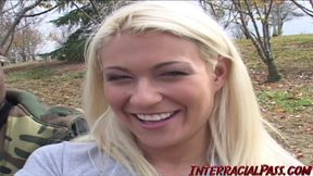Blonde girl lets 2 Black guys ass fuck her