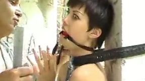 Pale skin Russian freak Olesya is bonded to the concrete post