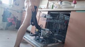 Sexy nude wife preparing food in the kitchen. Hairy brown hair, big ass, big tits.