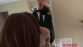 Tattooed brunette Kiera Winters deepthroats massive cock