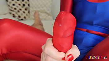 SpandexQueen comes three times in her red spandex suit and jerks him off in his cock sheath