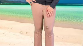 Monster Cock Shemale Cums in Pants on Public Beach