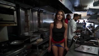 Two horny cooks fucking a slutty girl in the kitchen