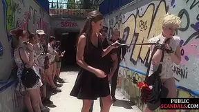 Pathetic Darling publicly fucked and pissed in group sex