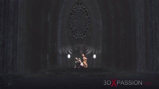 A Raunchy sexy hottie gets fucked by 3d hot shemale in the dark castle