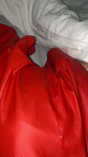 cum on red leather Leggings and bikini pants from my Neighbor