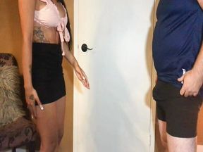 PInk top black mini skirt