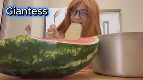 giantess stepsister eats watermelon and is really horny while tiny stepbrother watches giantess stepsister eat