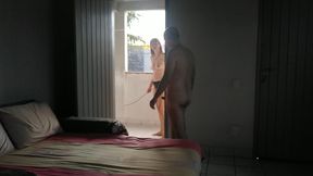 My wife spanking me on balcony with her tits out