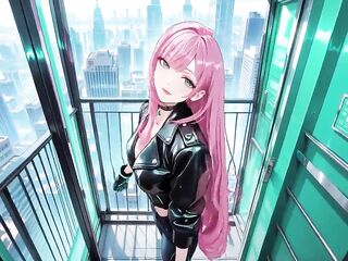 AI-generated- Pink-Haired Leather Tech! Intimate vibes in a neon-lit cyber corridor.