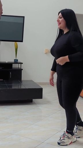 Thrilling moment from "Antonella waits for her trainer Rioc to do Yoga and ends up with his cock in her mouth"